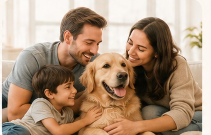 A family together with their dog at home